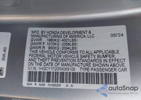 2024 Honda Accord Lx from USA, damaged, VIN 1HGCY1F20RA069106